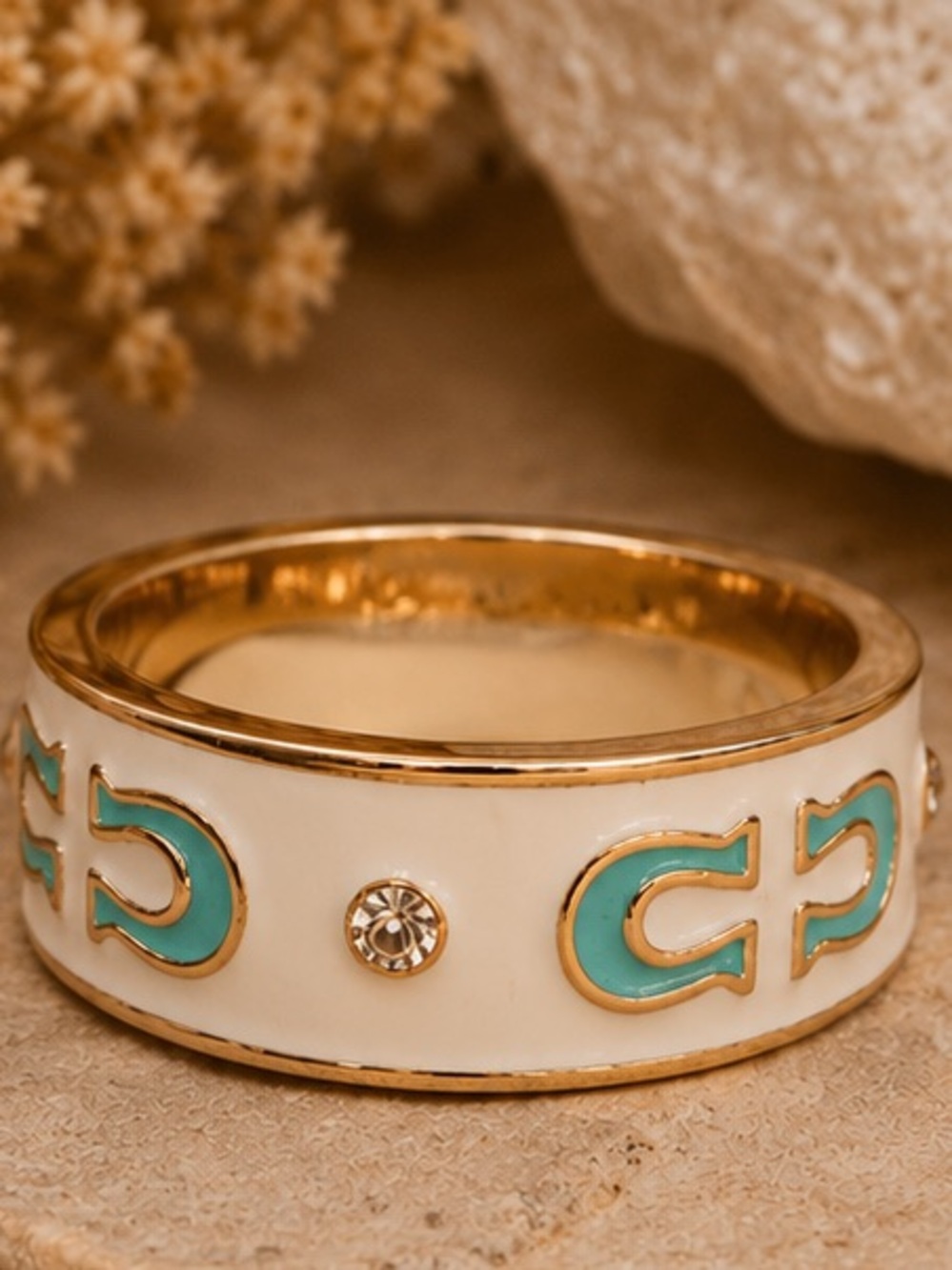Designer Inspired White Enamel Turquoise Open Band Ring